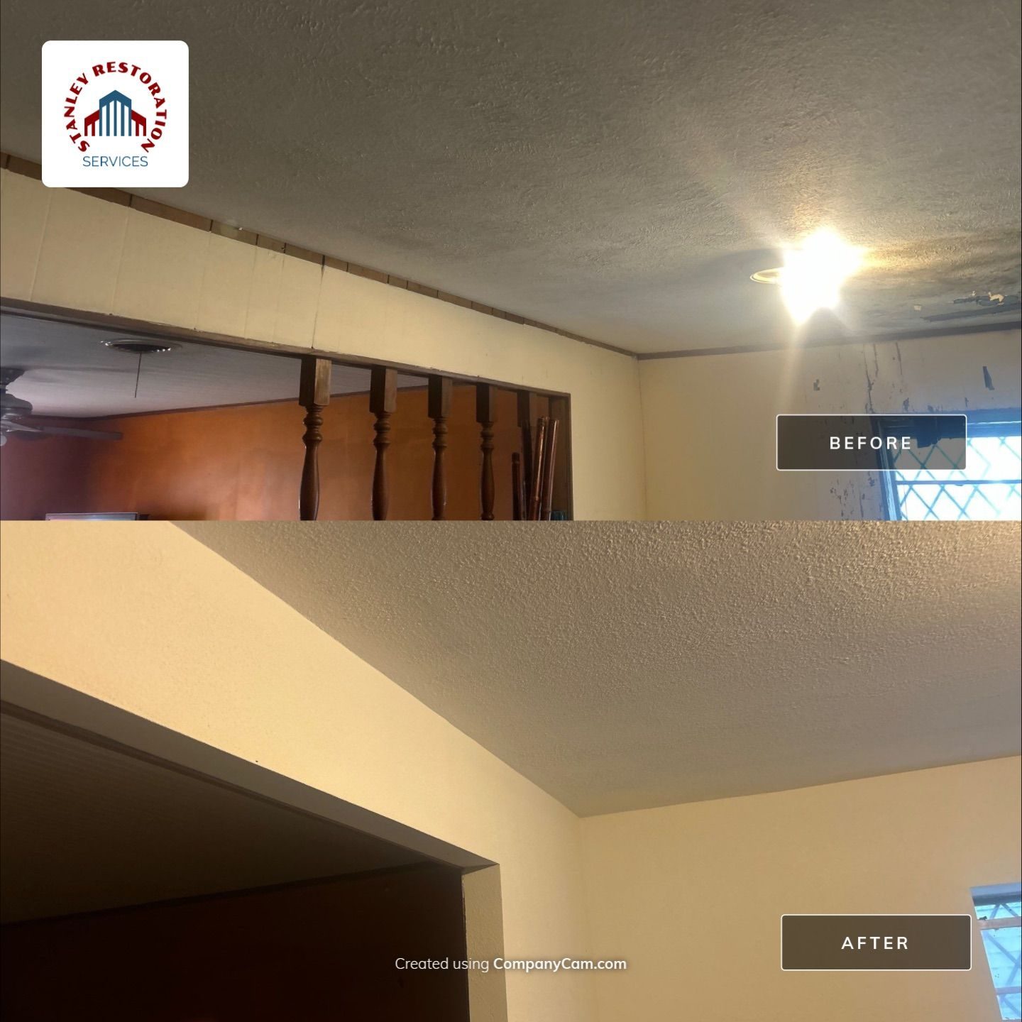 Water-damaged hallway ceiling restored — before and after